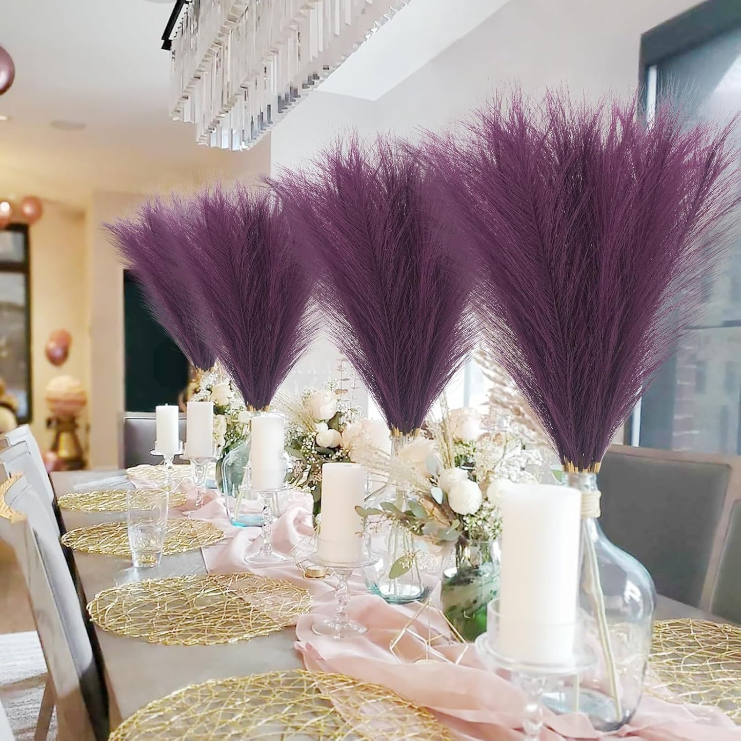 obbsie 50pcs Pink Faux Pampas Grass Decor, 21.6" Short Artificial Floral Branches Vase Filler Flower Arrangement for Home Wedding Boho Outdoor Decor