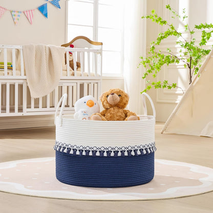 KAKAMAY Large Blanket Basket (20"x13"),Woven Baskets for storage Baby Laundry Hamper, Cotton Rope Blanket Basket for Living Room, Laundry, Nursery, Pillows, Baby Toy chest (White/Brown)