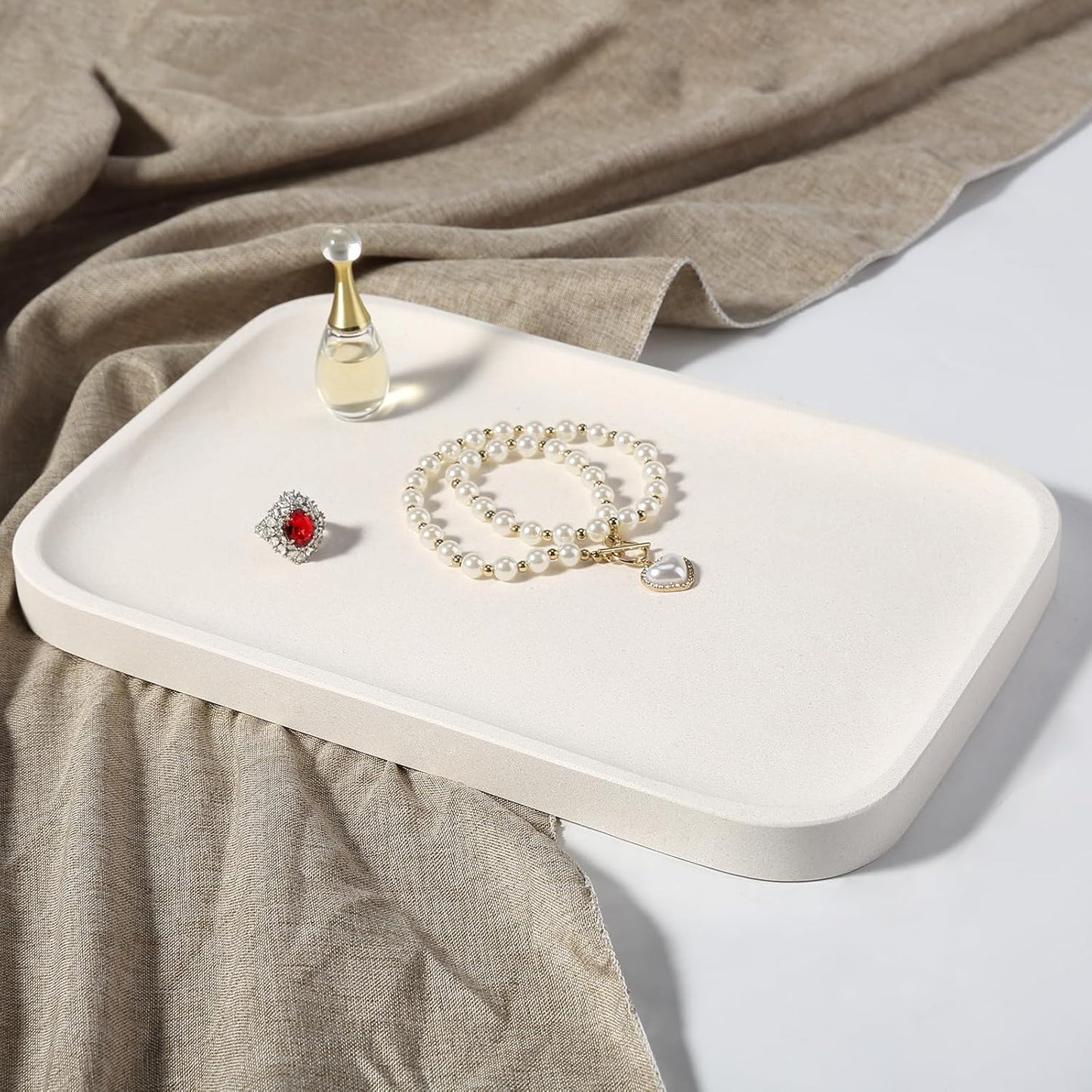 Koville Romano Travertine Tray, 12"x8" Natural Stone Vanity Tray for Countertop Bathroom Kitchen Dresser, Decorative Marble Catchall Trays for Perfume Jewelry, Rectangular Serving Tray(Beige)