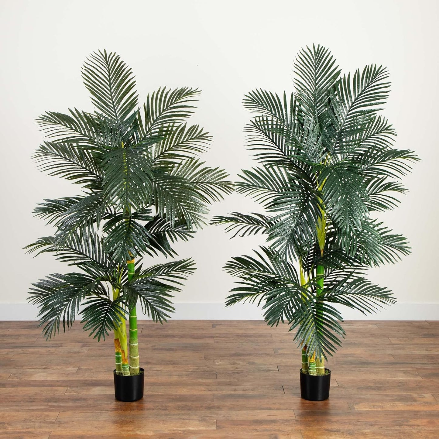 Nearly Natural 6.5ft Artificial Golden Cane Palm Tree, Lifelike Silk Indoor Palm With Three Textured Trunks Flexible Fronds Nursery Planter, Low Maintenance