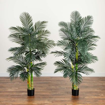 Nearly Natural 6.5ft Artificial Golden Cane Palm Tree, Lifelike Silk Indoor Palm With Three Textured Trunks Flexible Fronds Nursery Planter, Low Maintenance
