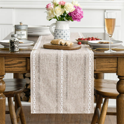 Artoid Mode Beige Rustic Cotton Linen Table Runner, Seasonal Embroidered Hollow Kitchen Dining Table Decoration for Home Party Decor 13x72 Inch