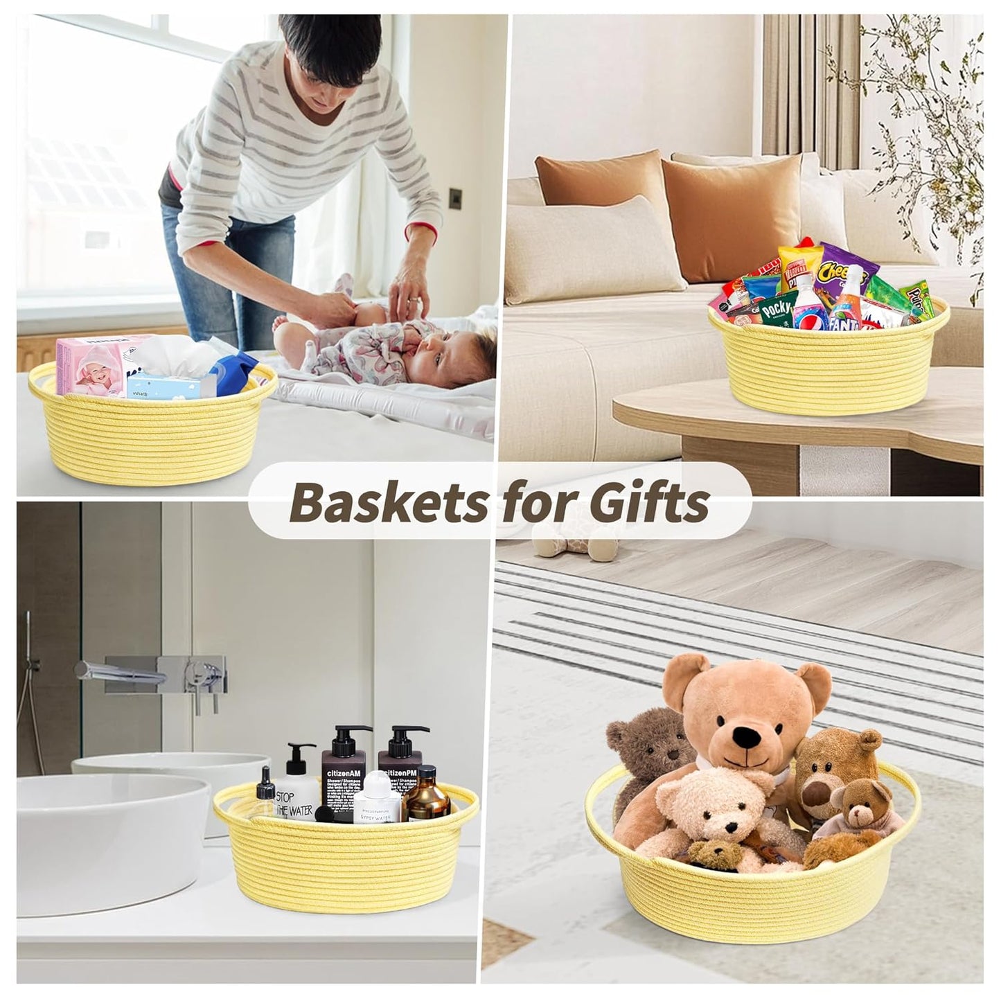 Pro Goleem Small Woven Basket with Gift Bags and Ribbons Durable Baskets for Mothers Day Gifts Empty Small Rope Basket for Storage 12"X 8" X 5" Baby Toy Baskets with Handles, White