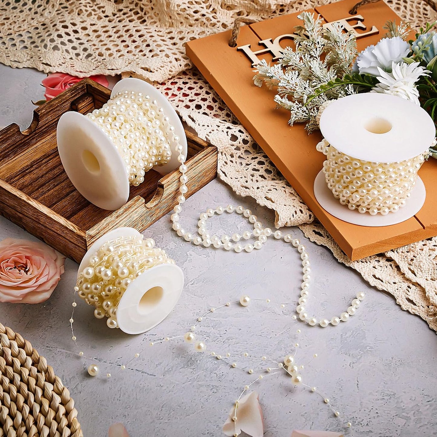 Bonuci 3 Rolls 66 Feet Pearls String Garland Faux Pearl Garland Spool Roll Strand Decoration Artificial Beads Chain Trim for Wedding Party Crafting Wedding Mother's Day Flower Decor(Ivory,4mm)