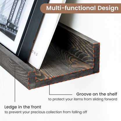 FLYJOE Picture Ledge Shelf, Floating Shelves Set of 2, Solid Pine Wood 55'' Long Large Nursery Book Shelves for Toys Storage, Kids Bookshelf for Living Room Bedroom Decor Books Photo Frames, Walnut