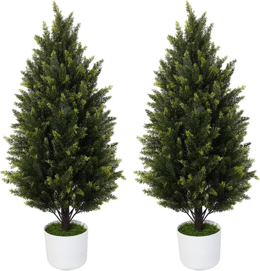 2 Pack 4Ft Artificial Cedar Topiary Trees, Faux Pine Cypress Plants, UV Resistant Fake Cypress Shrubs with Pots, Realistic Evergreen Bushes for Front Porch Indoor Outdoor Garden Decor