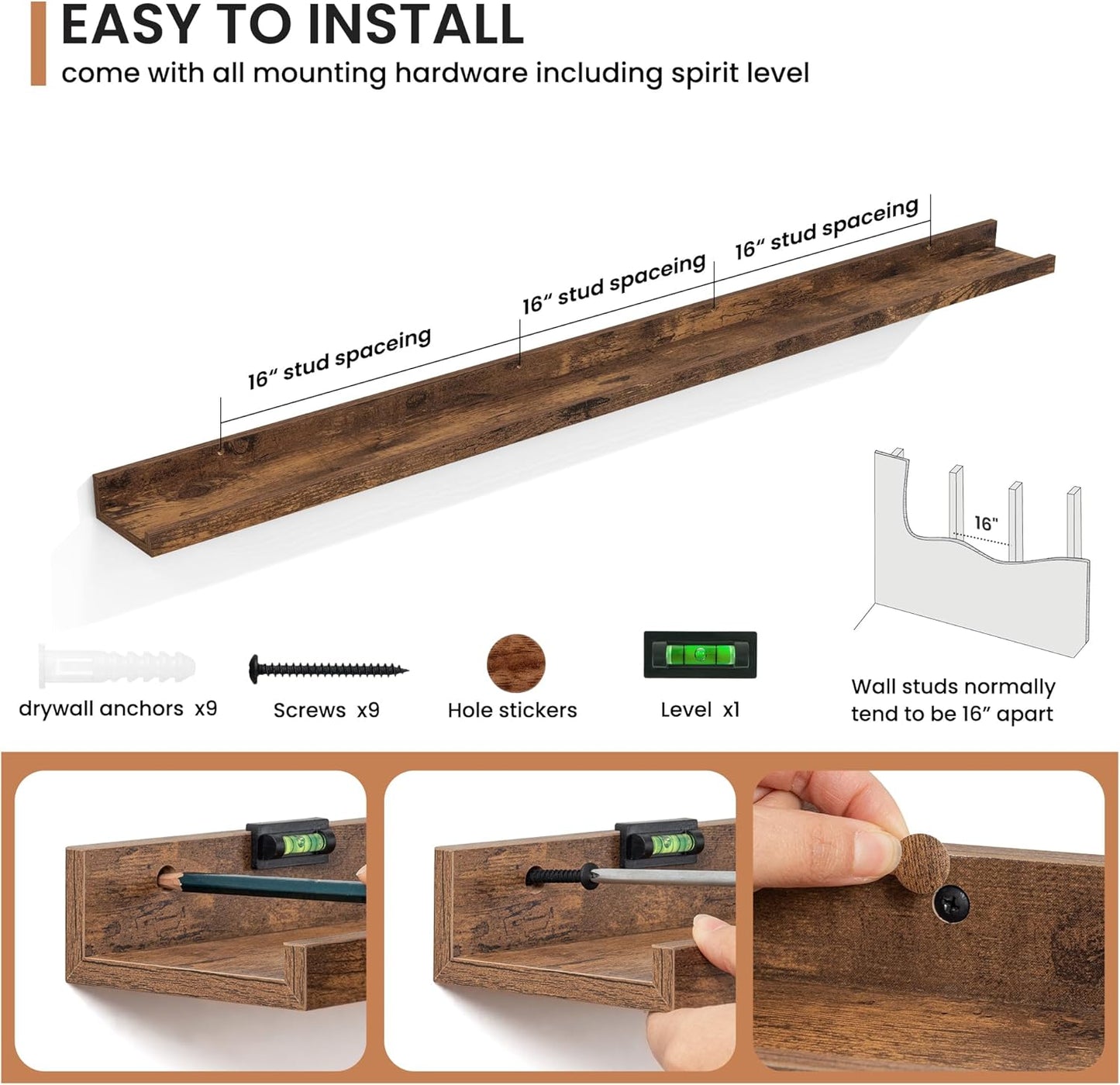 Fun Memories Picture Ledge Shelves Set of 2, 32 Inch Rustic Wall Mounted Floating Shelves with Lip for Home Storage and Décor in Bathroom, Kitchen, Nursery, Bedroom, Living Room, Walnut