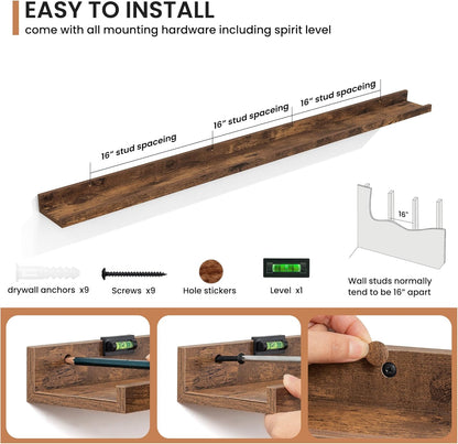 Fun Memories Picture Ledge Shelves Set of 2, 32 Inch Rustic Wall Mounted Floating Shelves with Lip for Home Storage and Décor in Bathroom, Kitchen, Nursery, Bedroom, Living Room, Walnut
