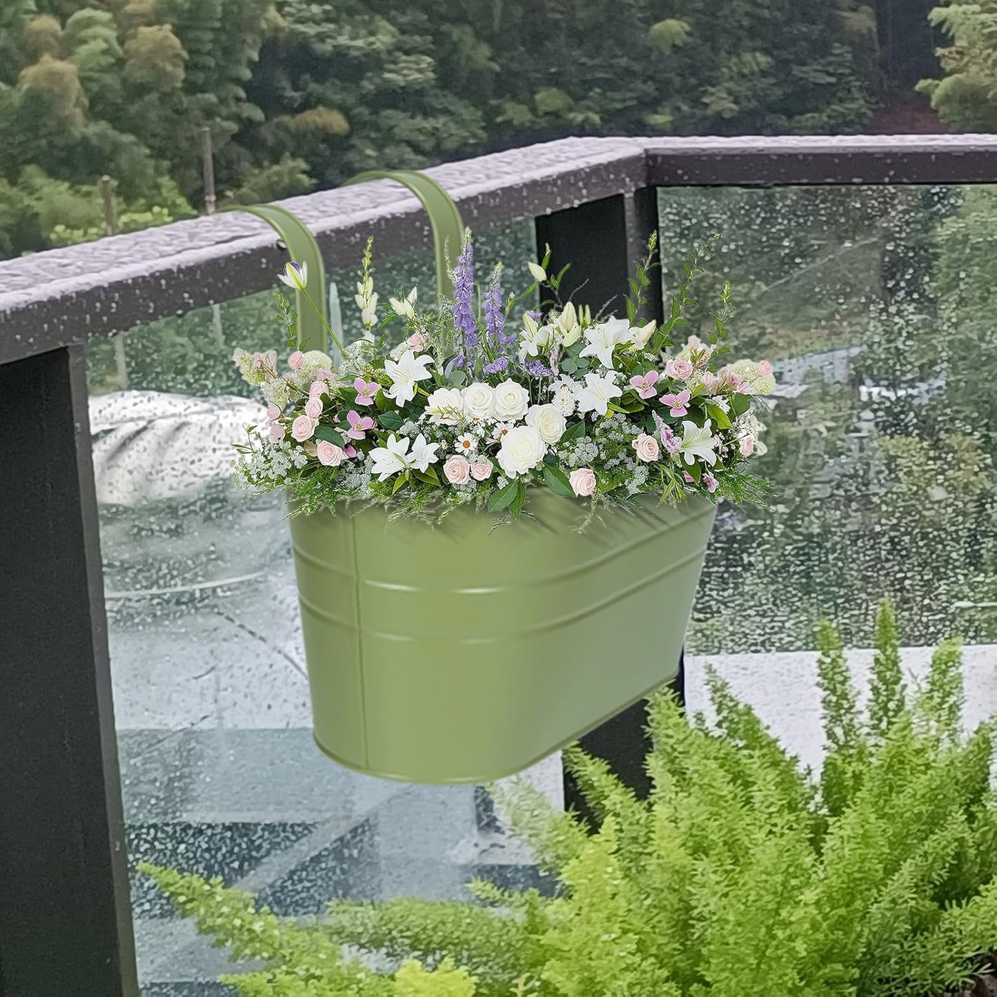 HowRU Metal Iron Flower Pots for Railing Fence Hanging Bucket Pots(5 Pcs) and Hanging Flower Pots Metal Iron Bucket Planter(10 Pcs) (Black)