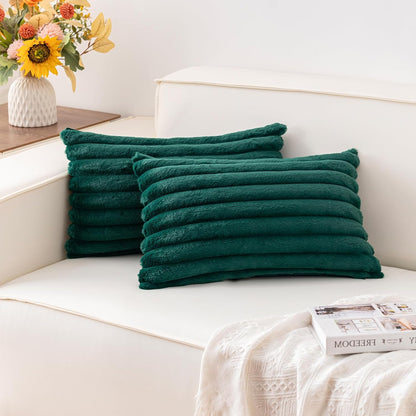 Aegero Pack of 2 Faux Fur Christmas Throw Pillow Covers 18x18 Inch, Soft Plush Striped Neutral Couch Pillow Cover, with Velvet Back Modern Home Decor for Sofa Living Room Couch Bed Cream White