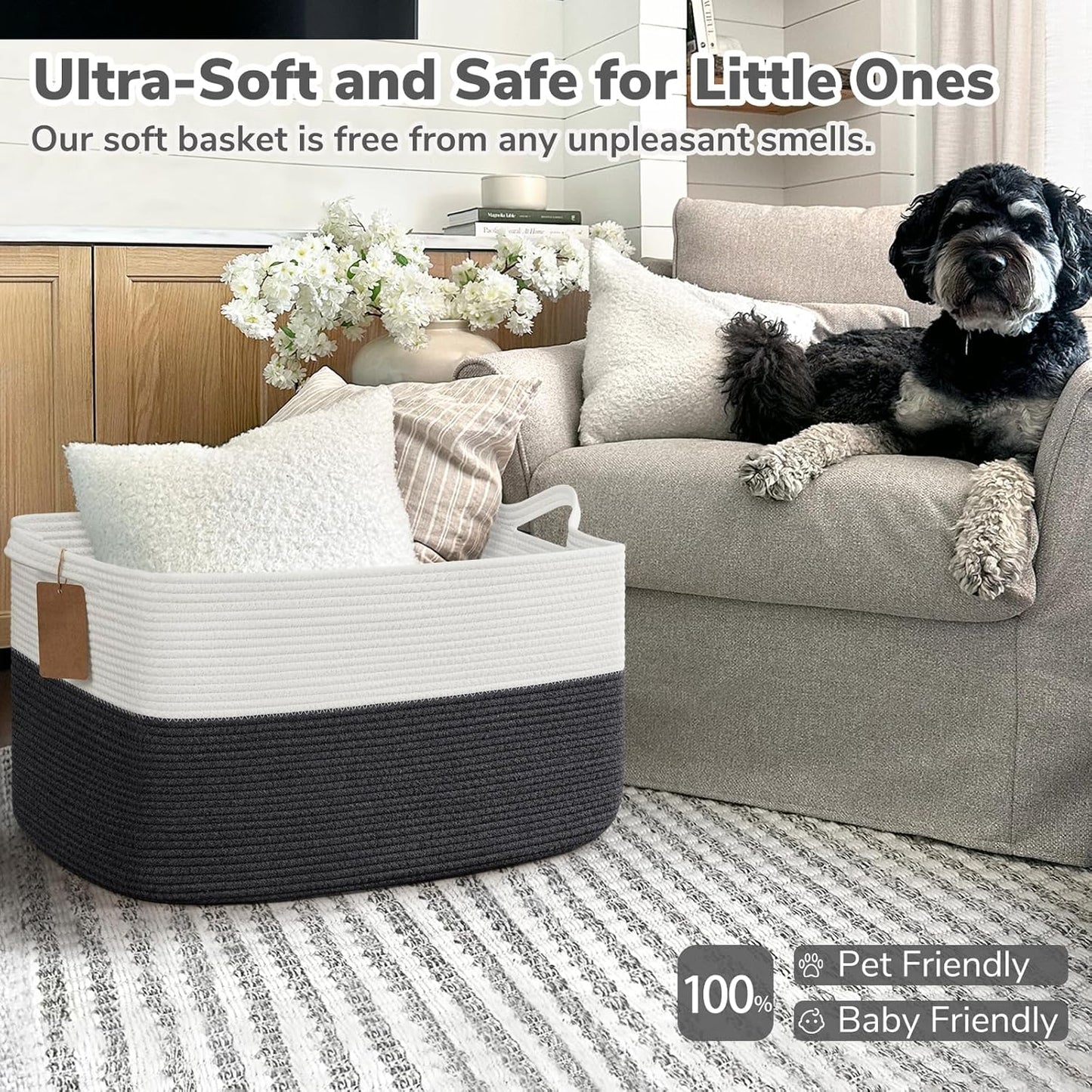 Goodpick Woven Storage Basket, Cotton Rope Basket for Dog Toys, Books, Stylish Gift Basket with Handles, 13 x 10 x 9 Inches Square Baskets for Organizing, Brown and White