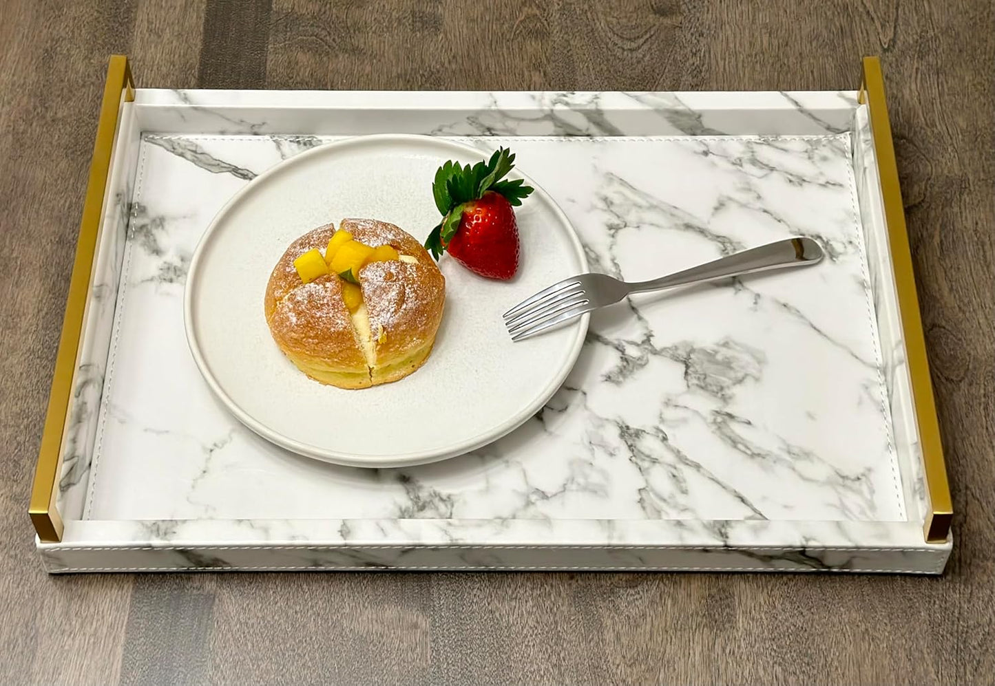 Ivory Shagreen Leather Serving Tray with Gold Handles-17.7x11.8 Inch Large Wooden Decorative Ottoman Tray fro Coffee Table, Kitchen, Dining, and Home Decor (Ivory)