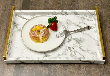 Ivory Shagreen Leather Serving Tray with Gold Handles-17.7x11.8 Inch Large Wooden Decorative Ottoman Tray fro Coffee Table, Kitchen, Dining, and Home Decor (Ivory)