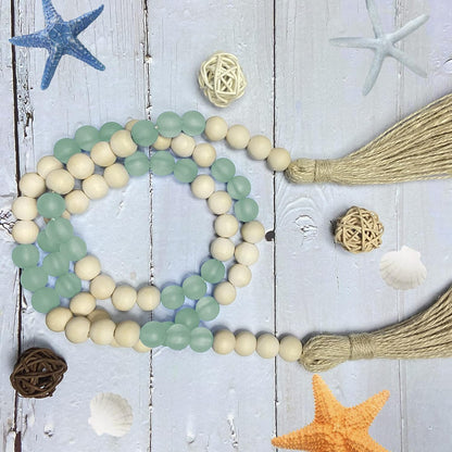 OMISHE Wood Bead Garland with Tassels 61 Inches, Boho Decorative Beads, Farmhouse Beads Garland for Home Tiered Tray Decor, Beige Gray