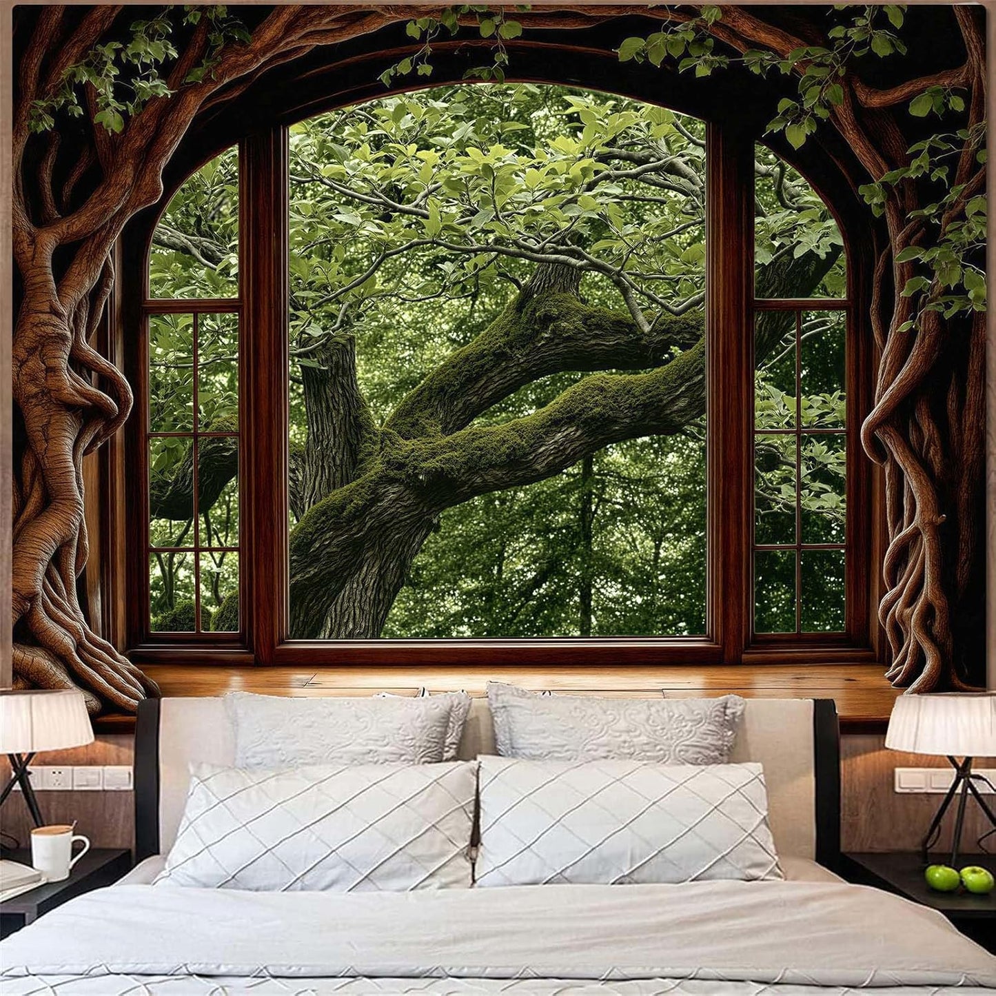 Lifeella Fantasy Castle Window Tapestry, Magic Woodland Scene Large Wall Backdrop, Fairytale Moon Mural for Bedroom Dorm Living Room Decor, 60x80 inches