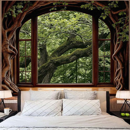 Lifeella Fantasy Castle Window Tapestry, Magic Woodland Scene Large Wall Backdrop, Fairytale Moon Mural for Bedroom Dorm Living Room Decor, 60x80 inches