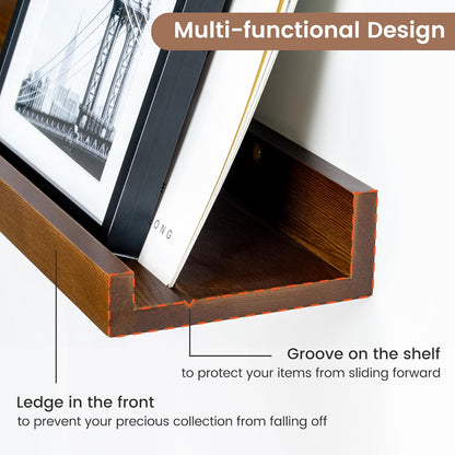 FLYJOE Picture Ledge Shelf, Floating Shelves Set of 2, Solid Pine Wood 55'' Long Large Nursery Book Shelves for Toys Storage, Kids Bookshelf for Living Room Bedroom Decor Books Photo Frames, Walnut