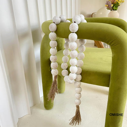 OMISHE Extra Large Wood Bead Garland with 1.6" Diameter Wooden Beads and Tassels, 41" Long Rustic Farmhouse Country Decorative Beads for Home Tiered Tray Decor, Natural Beige