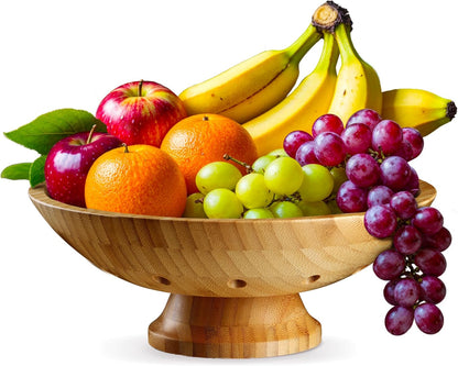 Fruit Basket for Kitchen Counter - Fruit Bowl for Kitchen Counter, Bamboo Pedestal Fruit Basket with Ventilation Holes, Wooden Fruit Bowl for Fruit and Vegetable Storage, Decorative Frutero for Cocina