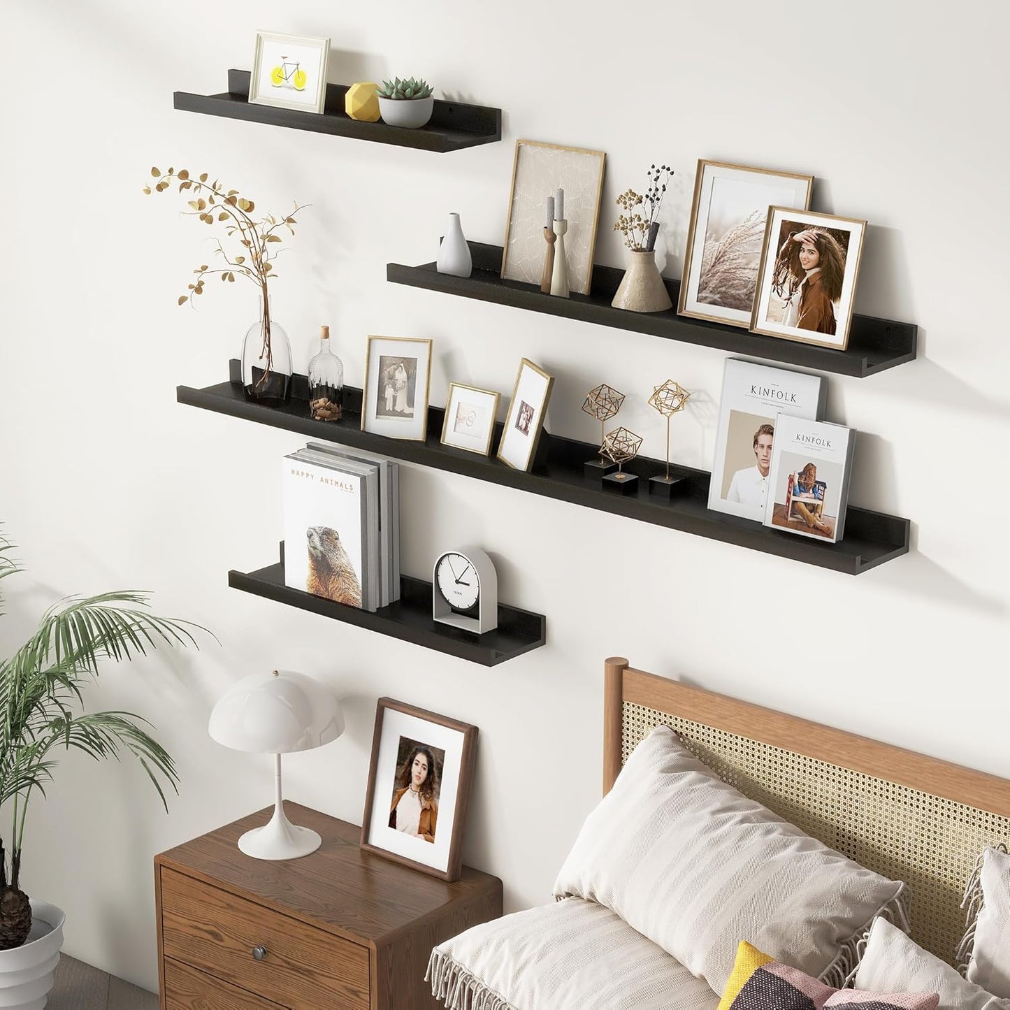 FLYJOE Picture Ledge Shelf, Floating Shelves Set of 2, Solid Pine Wood 55'' Long Large Nursery Book Shelves for Toys Storage, Kids Bookshelf for Living Room Bedroom Decor Books Photo Frames, Walnut