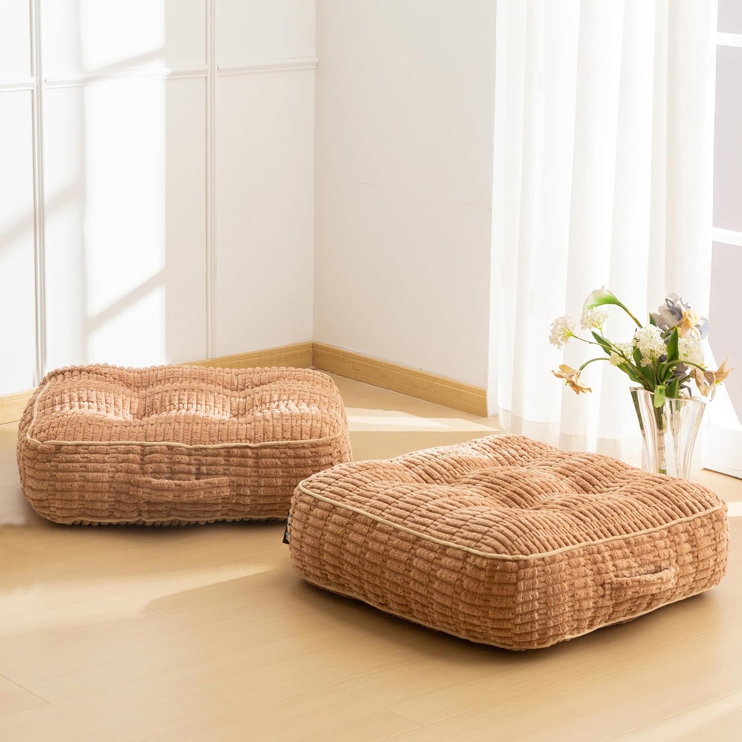 HIGOGOGO Floor Pillow Cushion for Adults, Meditation Cushion Pillow, Blended Corduroy Cover, Large Square Floor Sitting for Tatami Living Room or Yoga, 22x22 Inch, Beige