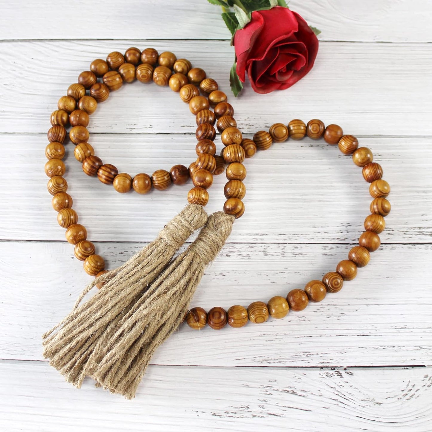 CVHOMEDECO. Wood Beads Garland with Tassels Farmhouse Rustic Wooden Prayer Bead String Wall Hanging Accent for Home Festival Decor. Mix Distressed