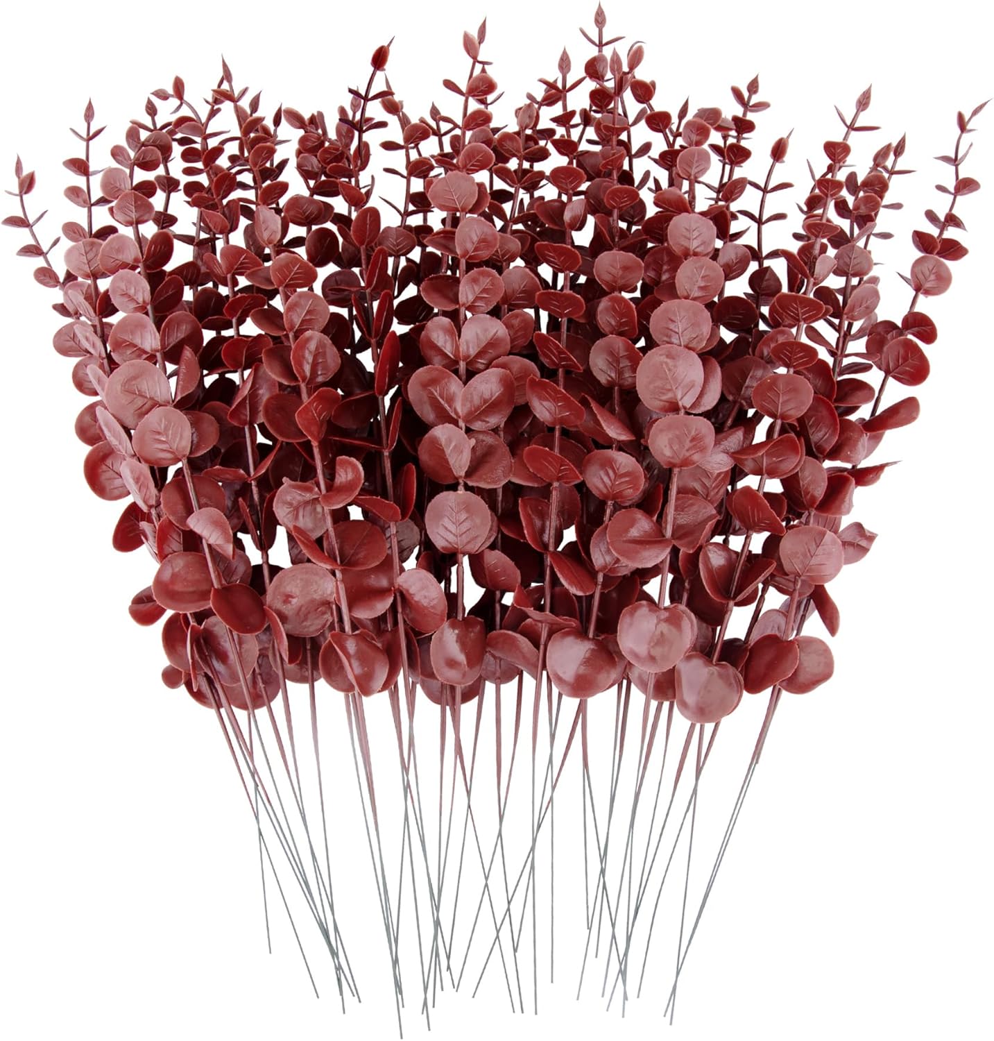 FEQO 36 Pcs Artificial Eucalyptus Stems Dark Brown Leaves Faux Eucalyptus Stems Branches 15 inch for Wedding Bouquet Home Deco