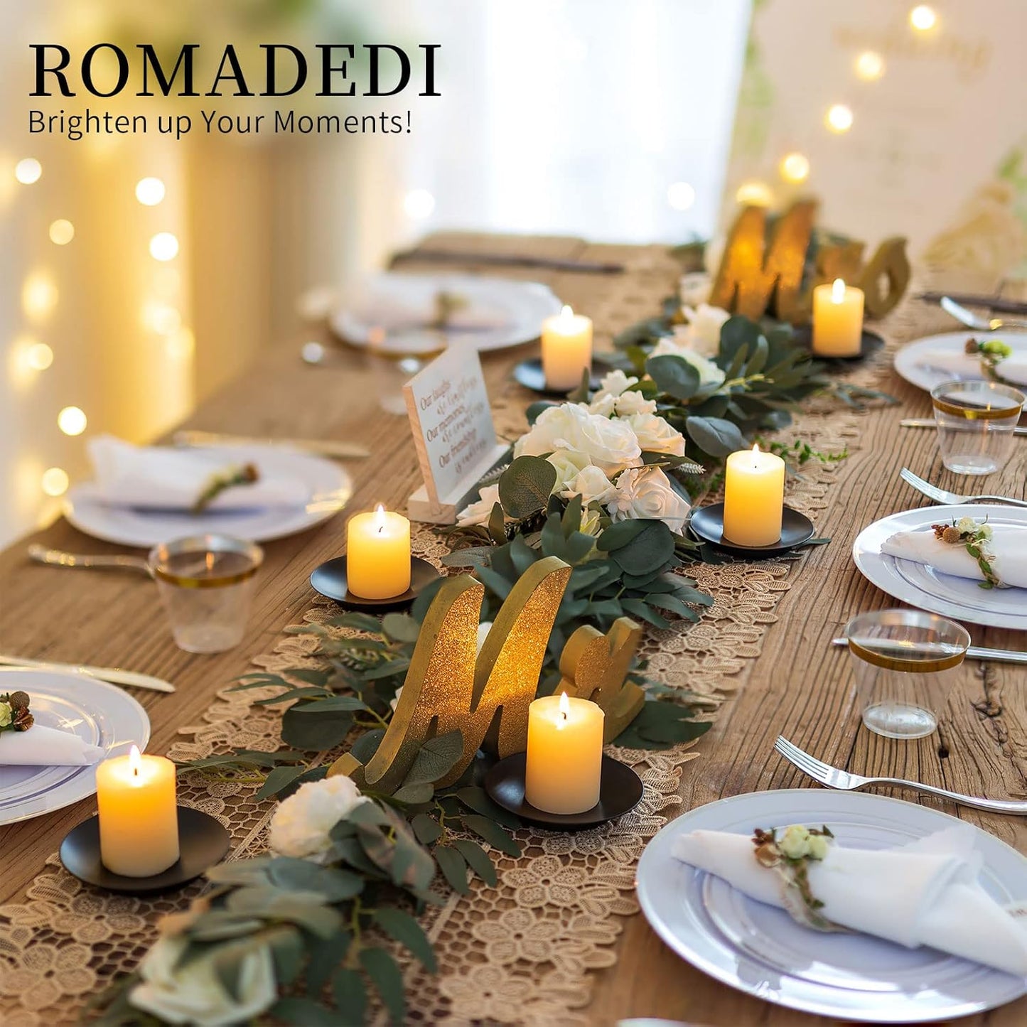 Romadedi Iron Plate Candle Holder - Gold Candle Holders for Pillar Candles, Set of 2 Small Candle Tray Pillar Candle Holder Plate Metal Candle Stand for Coffee Table Decor, Wedding, Party, Home Decor
