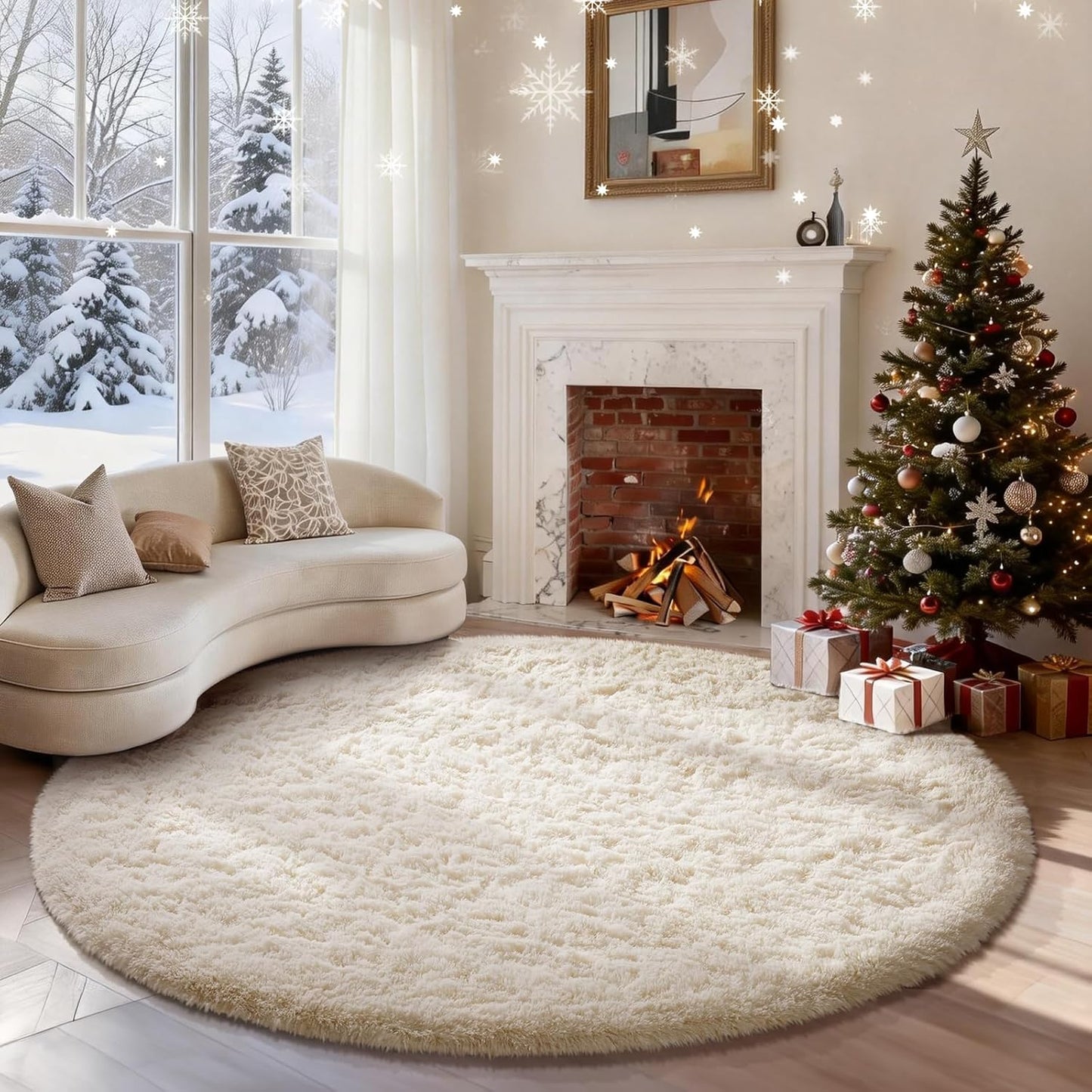 Ophanie Round Rugs 5Ft Ivory Circle Area Rug, Nursery Room Decor, Christmas Aesthetic Bedroom Home Circular Carpet 5 Foot, Fluffy Fuzzy Shag Plush Cream Living Room Rugs for Kids Boys Girls Teen Baby