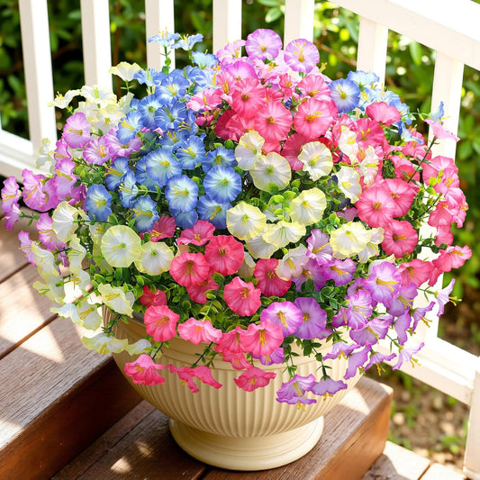 Alupssuc 24 Bundles Artificial Flowers for Outdoors, Faux Spring Flowers for Decoration, UV Resistant Silk Morning Glory with Eucalyptus Realistic Fake Flowers for Yard Planter Porch Garden, 5 Colors
