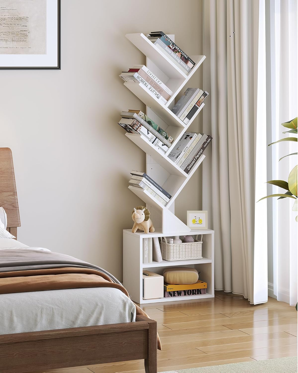 SUNMORY 6 Tier Tree Bookshelf, Small Bookcase with Storage Cabinet, Modern Tall Narrow Bookshelves Organizer, Floor Standing Book Shelf for Bedroom/Living Room/Home Office/Corner, Rustic Brown