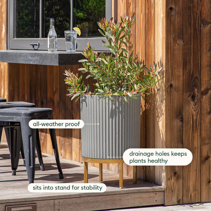 Veradek Demi Series Round Planter w/ Stand for Porch/Patio | Durable Plastic-Concrete & Wooden Stand | Modern Décor for Tall Plants, Flowers
