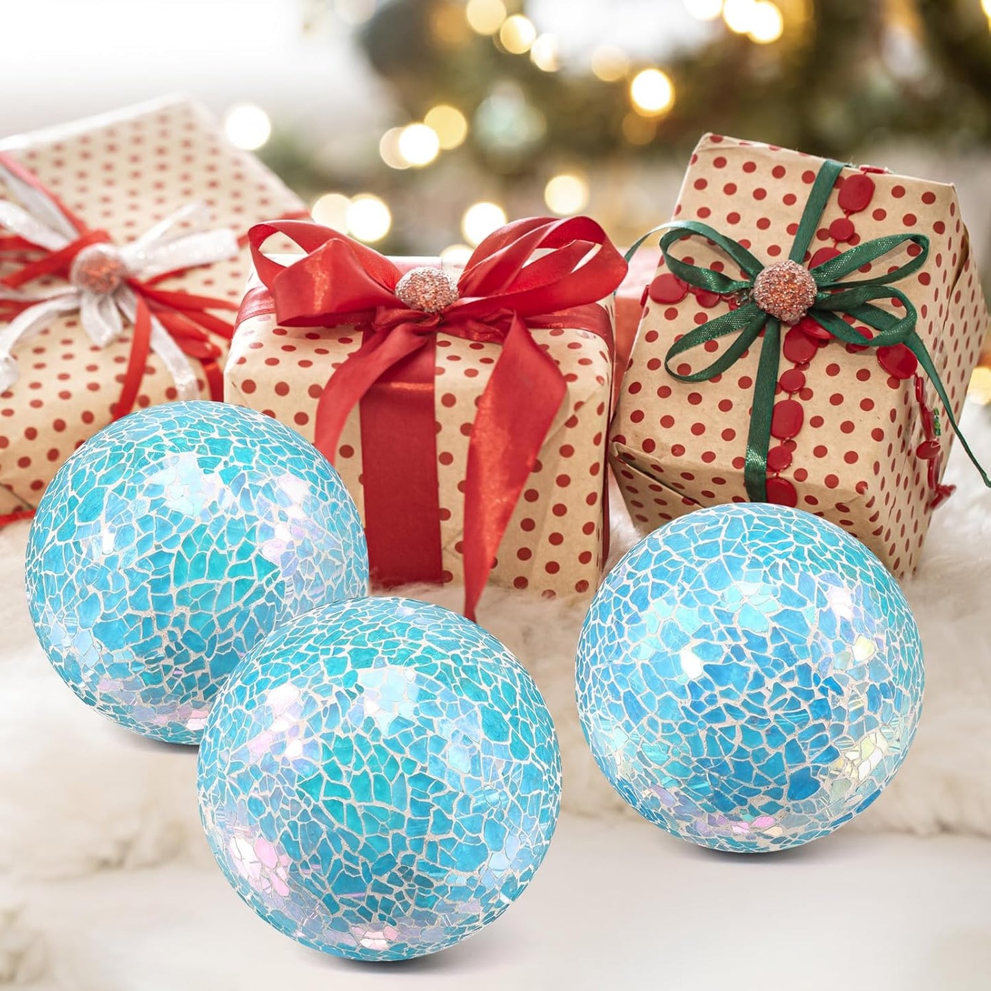 3Pcs Mosaic Glass Orbs Decorative Balls Set 8.5cm/3.35inch Blue Sphere Wedding Party Home Decor Table Centerpiece