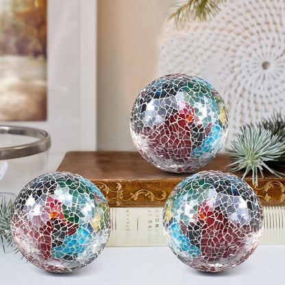 3Pcs Mosaic Glass Orbs Decorative Balls Set 8.5cm/3.35inch Blue Sphere Wedding Party Home Decor Table Centerpiece
