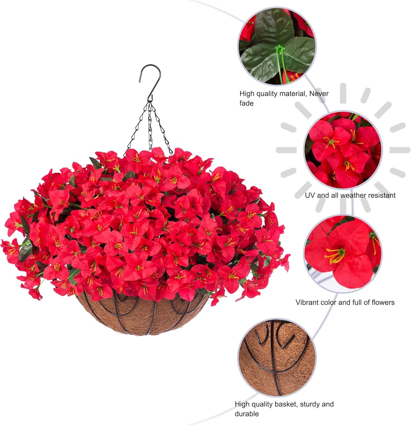 Artificial Hanging Flowers Faux Plants Basket for Outdoors Spring Summer Decor, Fake Silk Bougainvillea in Planter Outdoor Look Real UV Resistant Faux Flower for Outside Porch Patio Garden Home, White