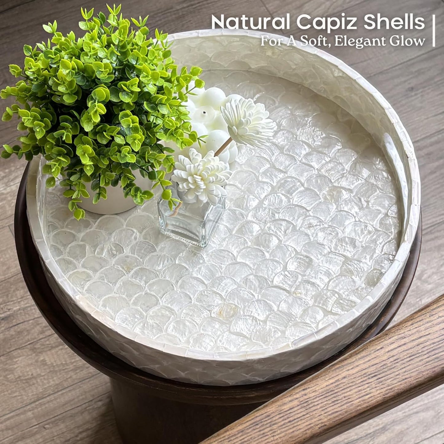 CHI AN HOME Capiz Decorative Tray 15.8” x 11.8” x 1.8" Rectangular Tray, Natural Handmade Serving Tray with Handles for Coffee Tables, Ottoman, Vanity, Kitchen, Coastal Boho Home Decor, White