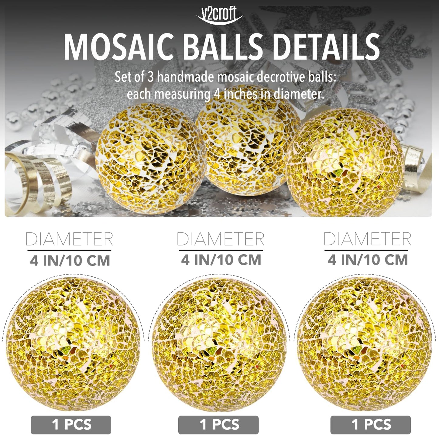 4in Decorative Mosaic Sphere Orbs Set of 3, Glass Balls for Whole Housewares,Wedding/Birthday,Bowls,Vases Dining Table Centerpieces(Silver,Black,Blue)