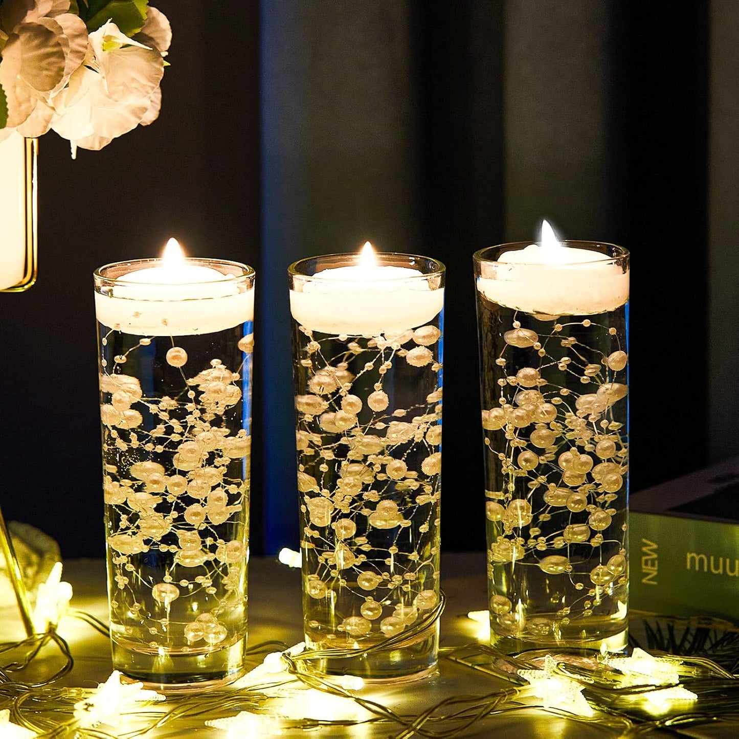 Tondiamo 24 Pcs Artificial Pearl String for Floating Candle Faux Pearls Beads String Garland Centerpiece Decoration for Vases Filler Wedding Spring Holiday Party Decor(Gold)