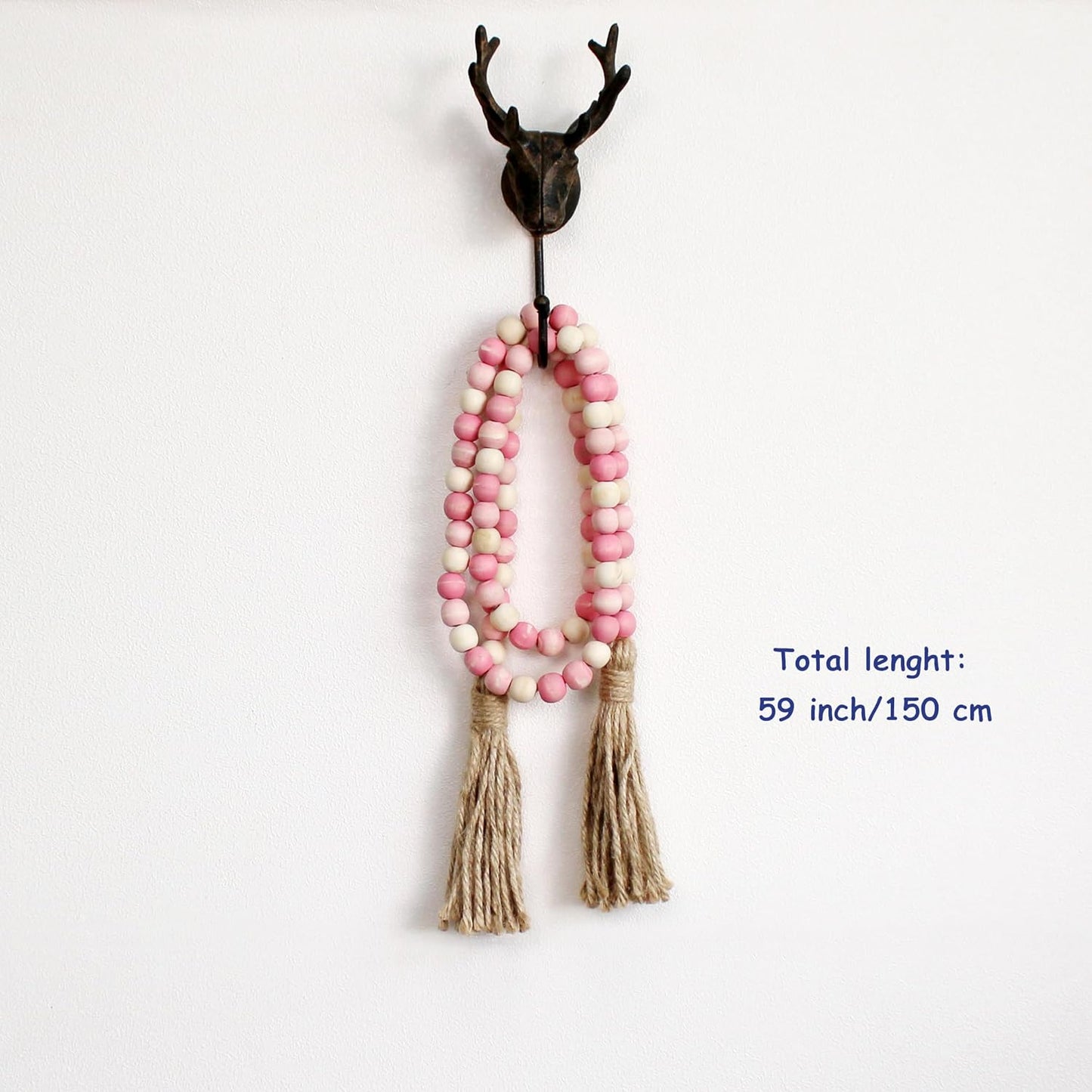CVHOMEDECO. Wood Beads Garland with Tassels Farmhouse Rustic Wooden Prayer Bead String Wall Hanging Accent for Home Festival Decor. Mix Distressed