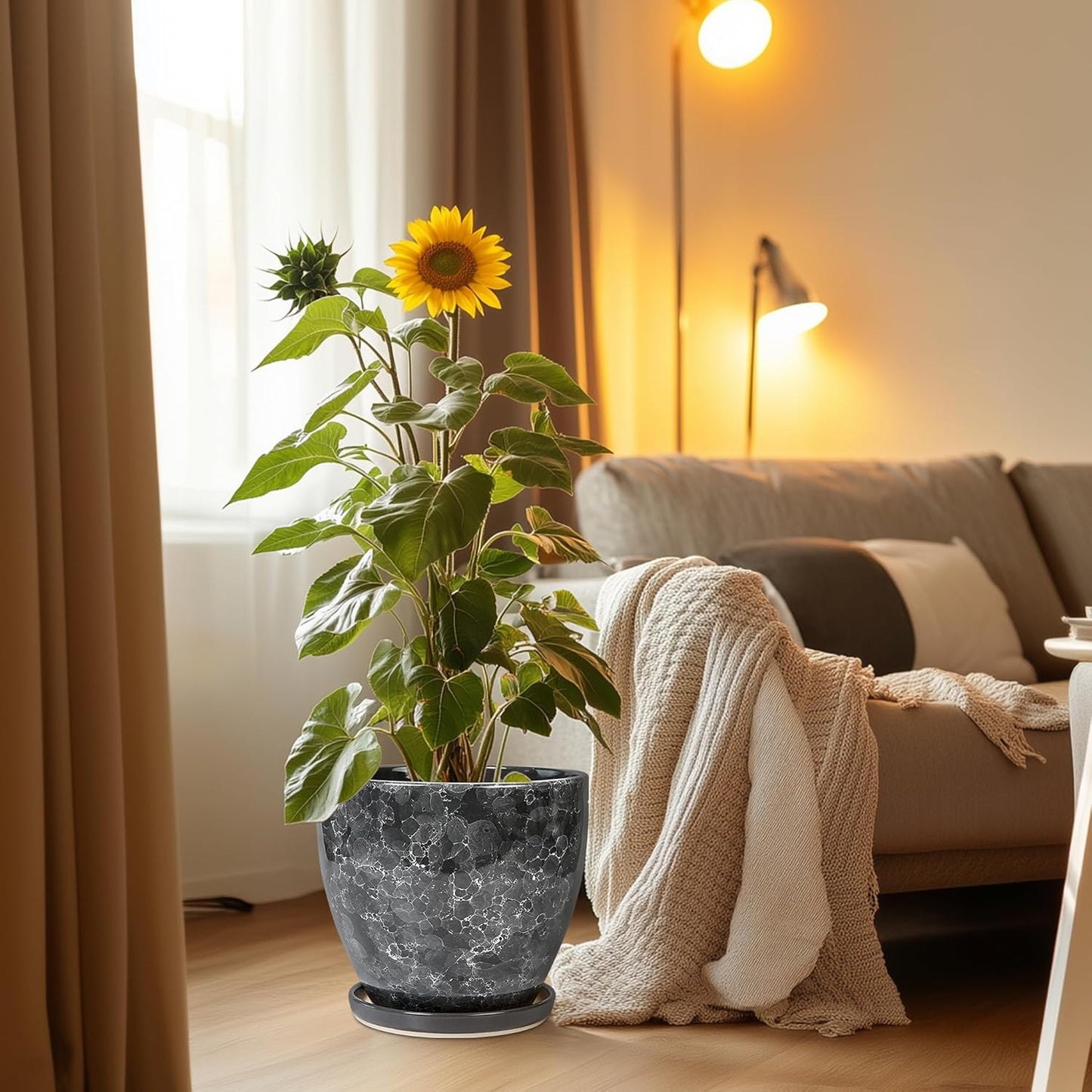 10 Inch Ceramic Planter Pot Round Plant Pot for Indoor Plants Outdoor Large Flower Pot with Drainage Hole and Saucer Blue