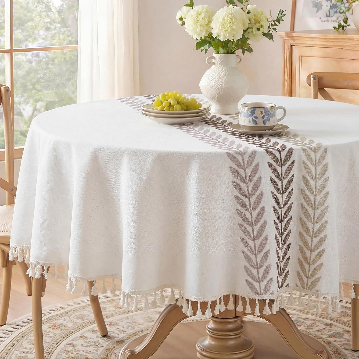 Softalker Outdoor Tablecloth Rectangle, Waterproof Linen Cotton Farmhouse Table Cloths with Tassel, Heavy Weight Wrinkle Free Boho Table Cover for Picnic Camping Dining - 55 x 70 Inch, Coffee Lines