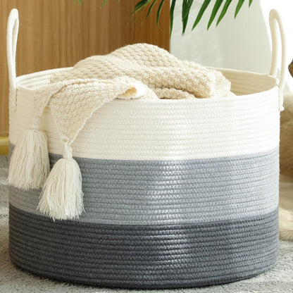 KAKAMAY Large Blanket Basket (20"x13"),Woven Baskets for storage Baby Laundry Hamper, Cotton Rope Blanket Basket for Living Room, Laundry, Nursery, Pillows, Baby Toy chest (White/Brown)