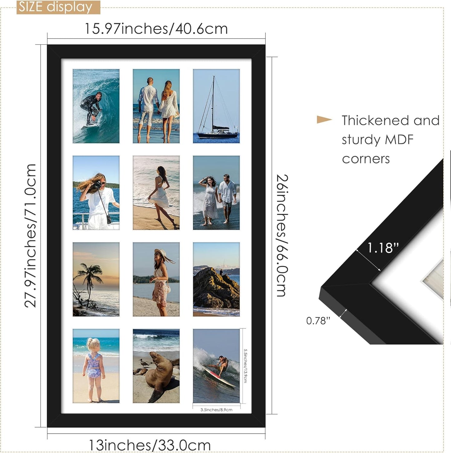 DUENPY 14x26 Collage Picture Frame 4x6 Collage Picture Frame Displays Twelve 4x6 inch Photos Available Horizontal Wall Mounting Display and Vertical Black - Colors B