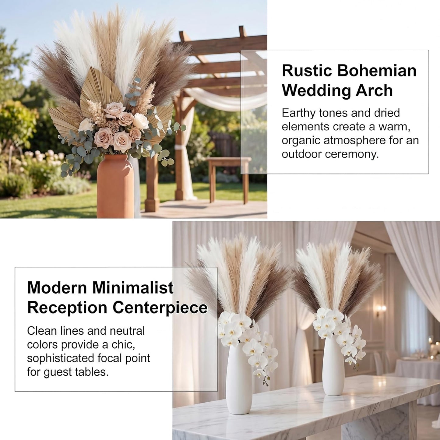Pampas Grass Decor 21.7 Inch 30pcs, Faux Pampas Grass White Beige Brown Ultra Fluffy No Shedding for Boho Home Bedroom Wedding Vase Filler Dried Flower Arrangement