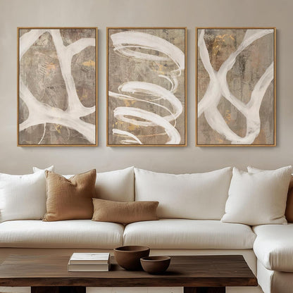 Large Framed Neutral Abstract Wall Art for Living Room, 3 Piece Modern Canvas Prints Paintings Artwork for Walls, Black and Beige Pictures for Living Room Hallway Stair Office Wall Decor 24x36 Inch
