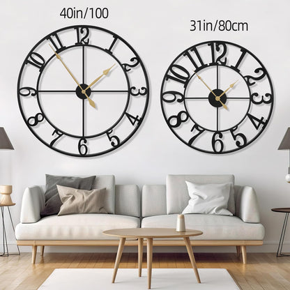 LEIKE 16" Large Wall Clocks Battery Operated, Round Modern Silent Non-Ticking Black Metal Wall Clock for Living Room Decor, Bedroom Kitchen (40cm Diameter, Black Roman Number)