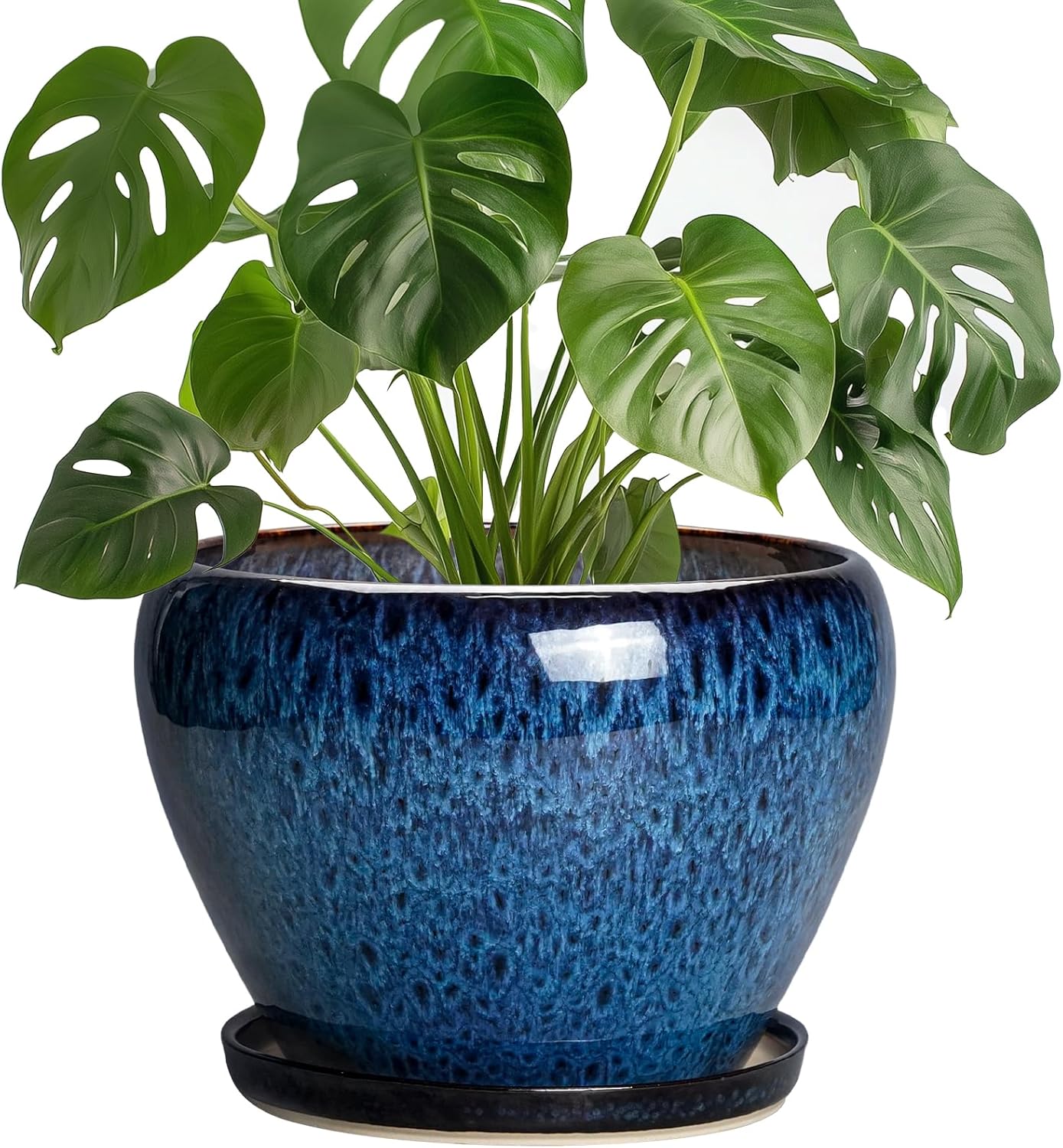 6 Inch Plant Pot - Ceramic Pots for Plants with Drainage Hole and Saucer, Round Succulent Planter Indoor Outdoor, Modern Flower Pot for Snake Plants, Home Decor, Gifts for Plant Lover, Blue