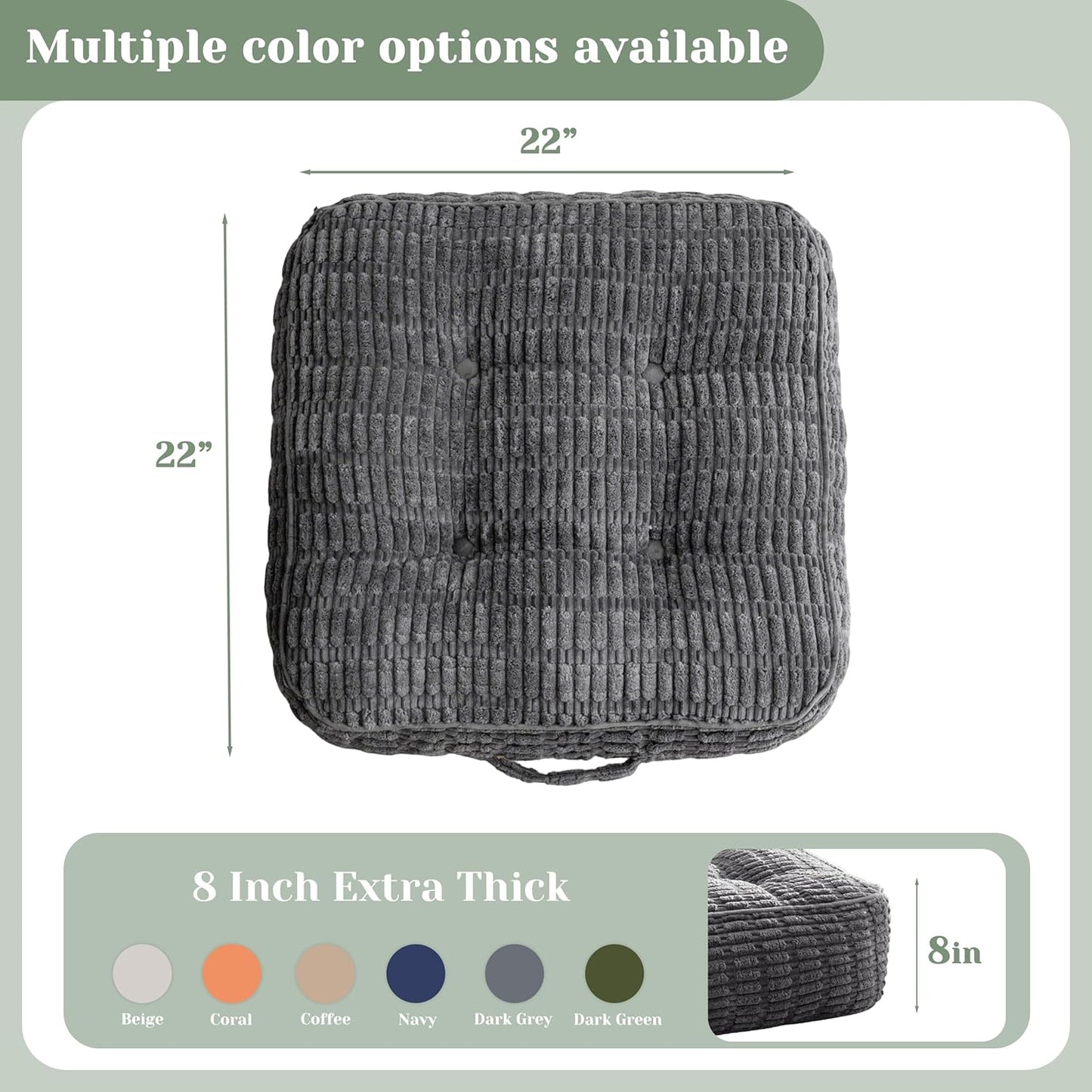 HIGOGOGO Floor Pillow Cushion for Adults, Meditation Cushion Pillow, Blended Corduroy Cover, Large Square Floor Sitting for Tatami Living Room or Yoga, 22x22 Inch, Beige