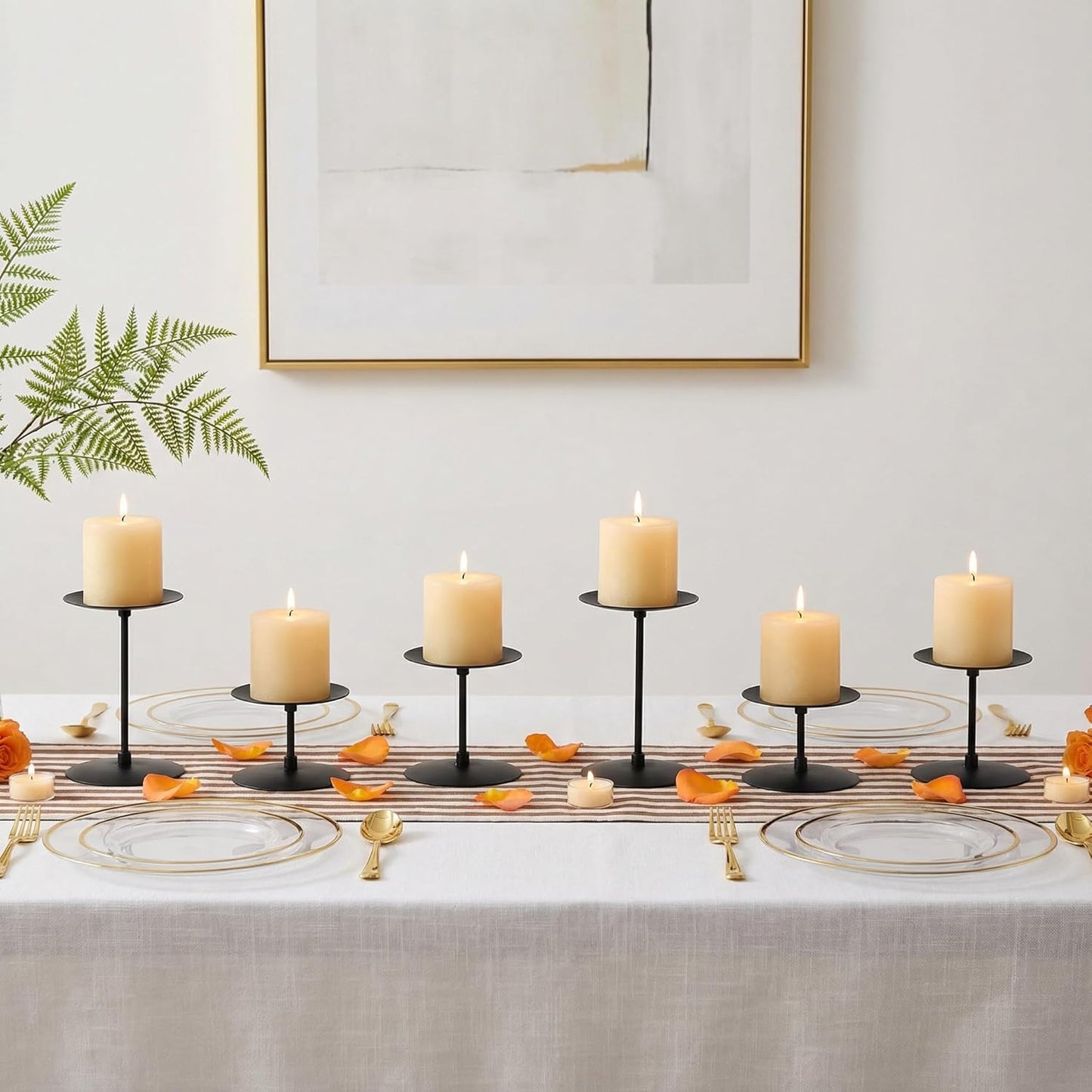 Elsjoy Set of 6 Black Pillar Candle Holders, Metal Pillar Candle Stand Fireplace Candelabras Set for Home Decor, Table Centerpiece, Wedding, 3 Sizes