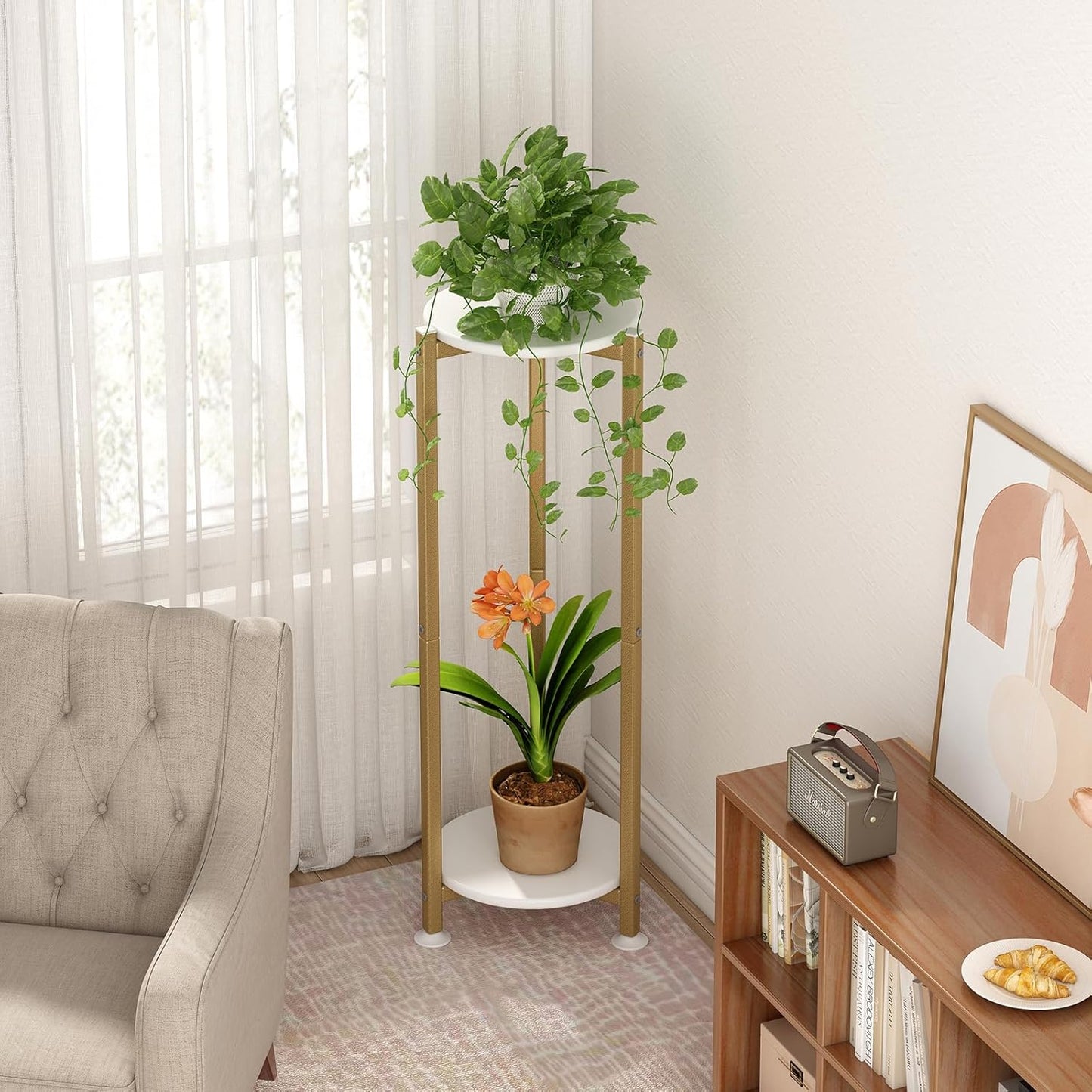 Plant Stand Indoor Corner Tall 2 Tier Metal Modern Flower Storage Plant Shelf Holder for Living Room Balcony Garden,Black (2 Tier-Black Round)